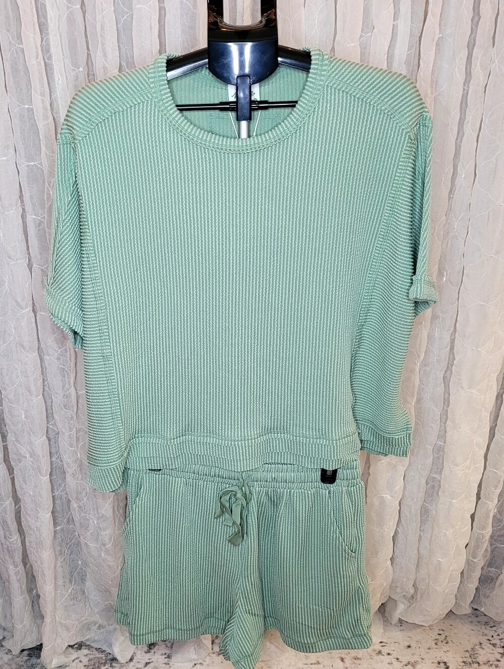 Newin Newim Very J Sage Green Ribbed Crew Neck 2 Piece Lounge Shorts Set M